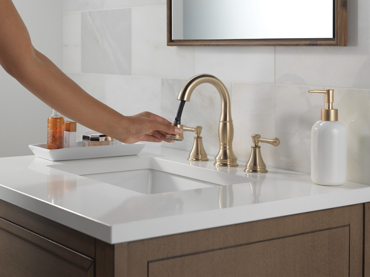 Delta 3597-CZPD-DST Cassidy Two Handle Widespread Pull Down Bathroom Faucet, Champagne Bronze