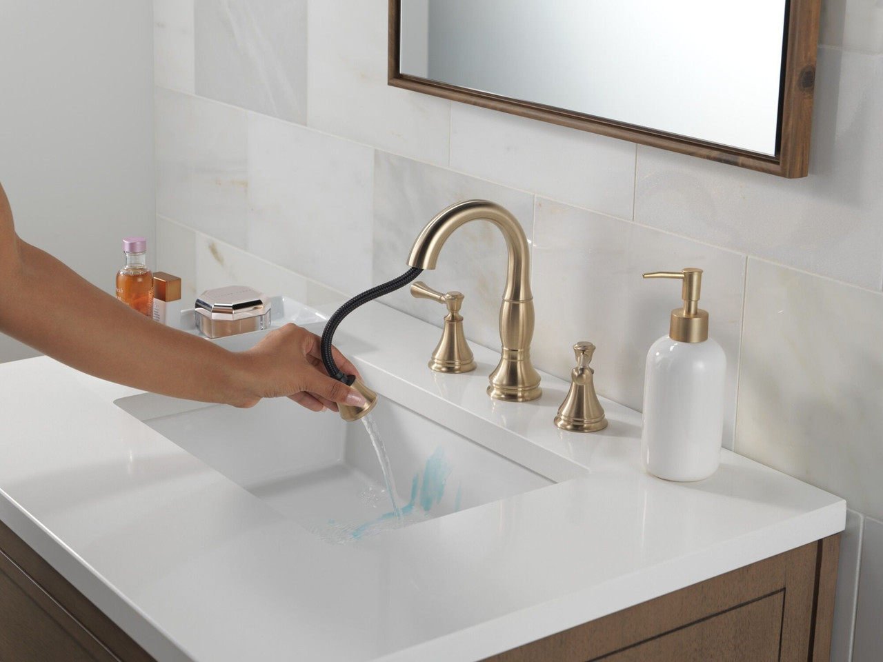 Delta 3597-CZPD-DST Cassidy Two Handle Widespread Pull Down Bathroom Faucet, Champagne Bronze