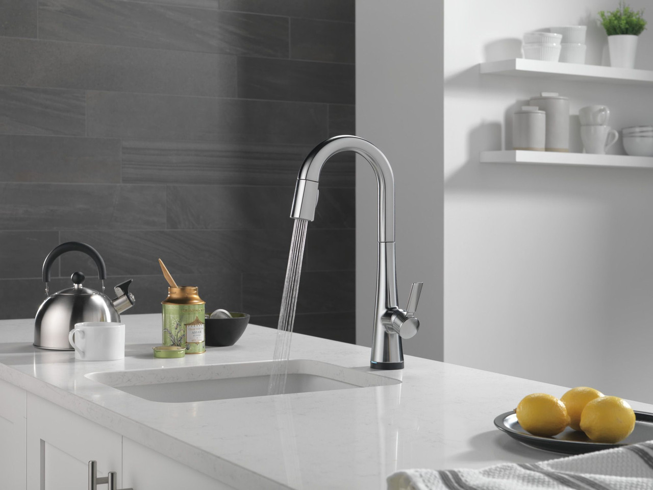 9991T-AR-PR-DST Monrovia Single Handle Pull Down Bar or Prep Faucet with Touch2O Technology, Lumicoat Arctic Stainless