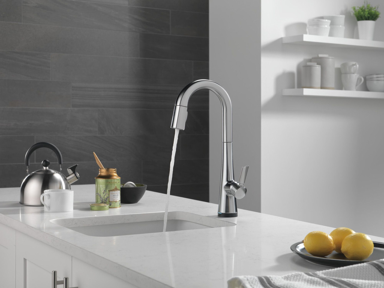 9991T-AR-PR-DST Monrovia Single Handle Pull Down Bar or Prep Faucet with Touch2O Technology, Lumicoat Arctic Stainless
