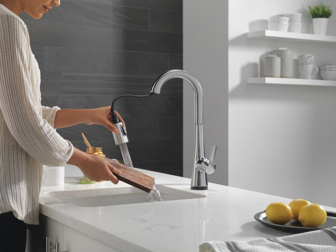 9991T-AR-PR-DST Monrovia Single Handle Pull Down Bar or Prep Faucet with Touch2O Technology, Lumicoat Arctic Stainless