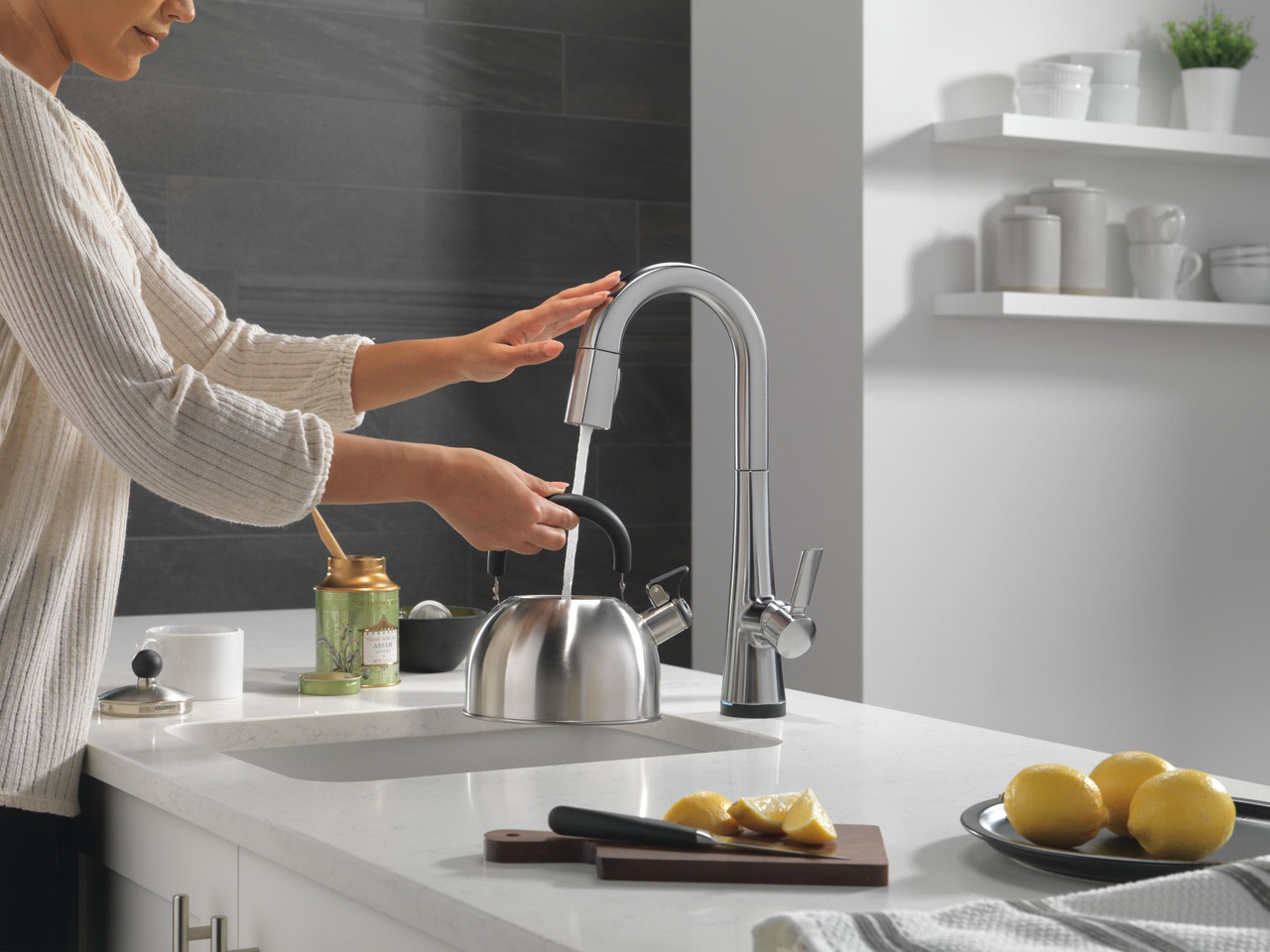 9991T-AR-PR-DST Monrovia Single Handle Pull Down Bar or Prep Faucet with Touch2O Technology, Lumicoat Arctic Stainless