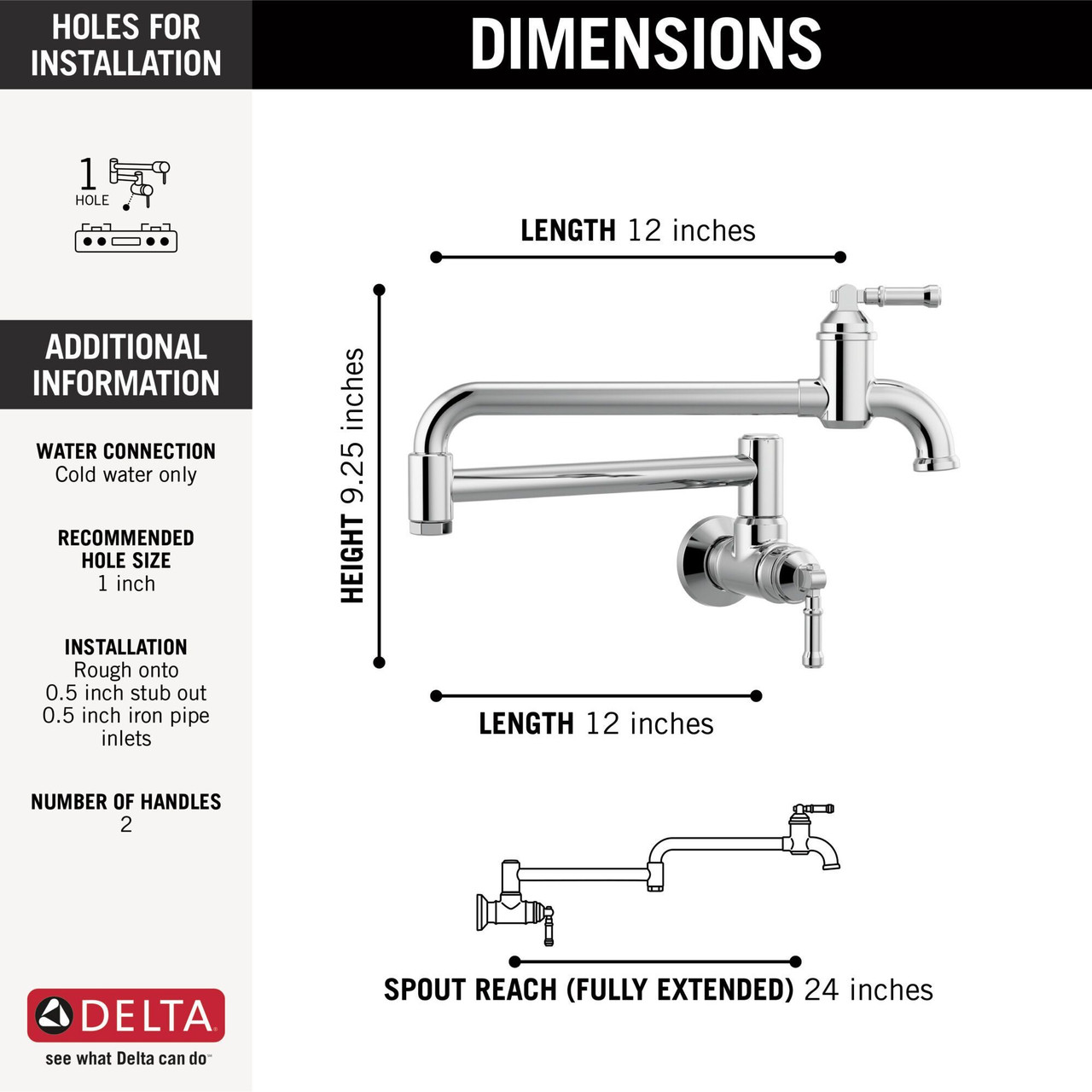 Delta 1190LFL Broderick Wall Mount Pot Filler, Chrome