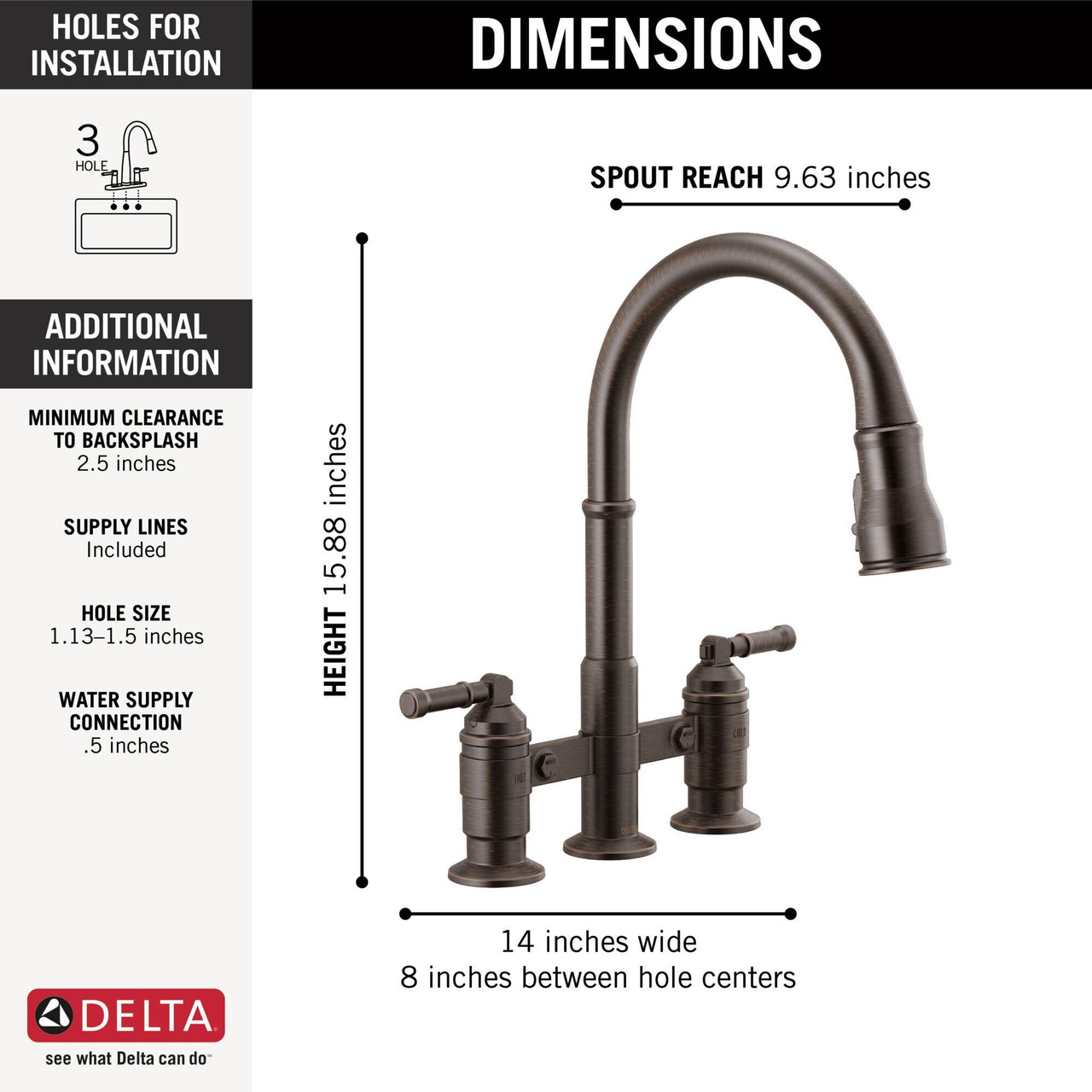Delta 2390L-RB-DST Broderick Two Handle Pull Down Bridge Kitchen Faucet, Venetian Bronze