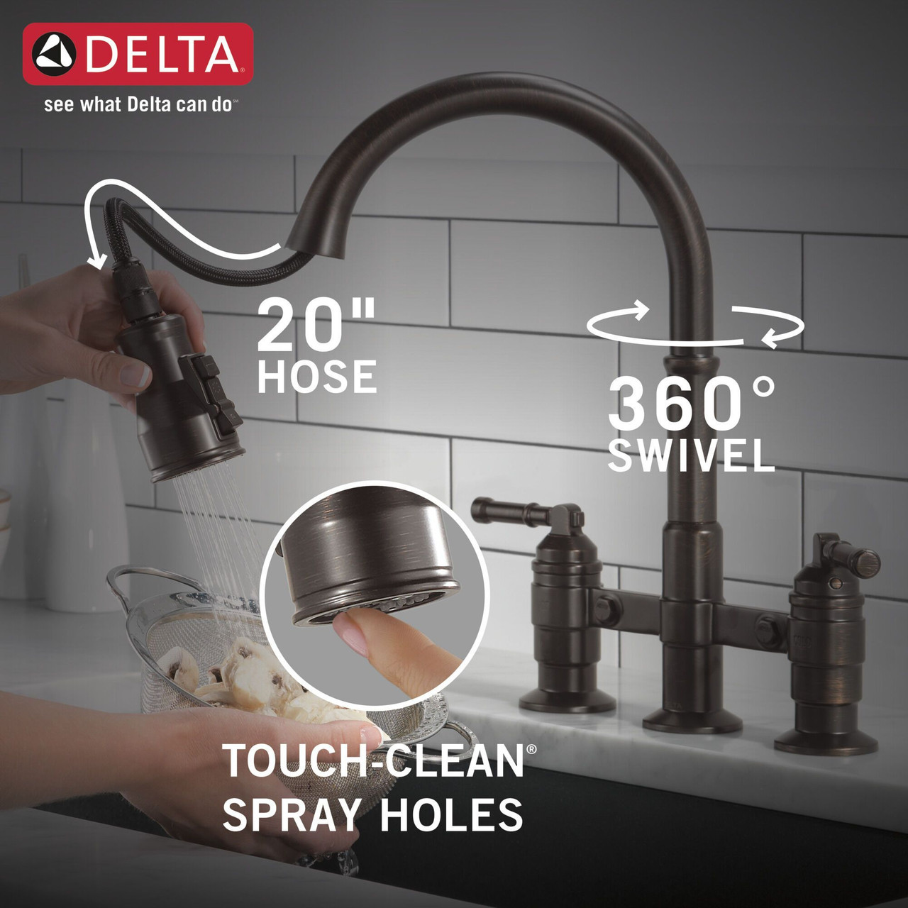 Delta 2390L-RB-DST Broderick Two Handle Pull Down Bridge Kitchen Faucet, Venetian Bronze