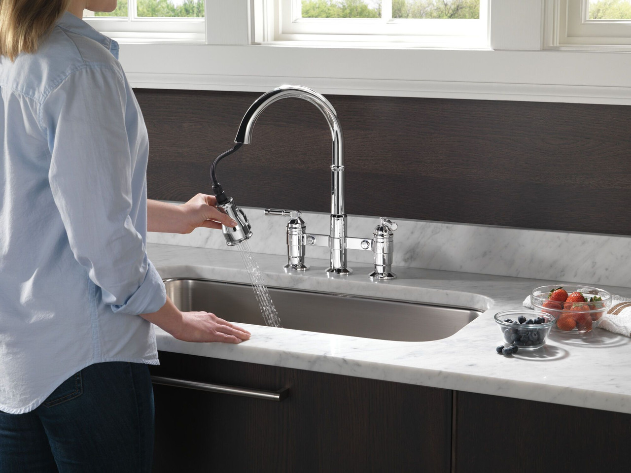 Delta 2390L-DST Broderick Two Handle Pull Down Bridge Kitchen Faucet, Chrome