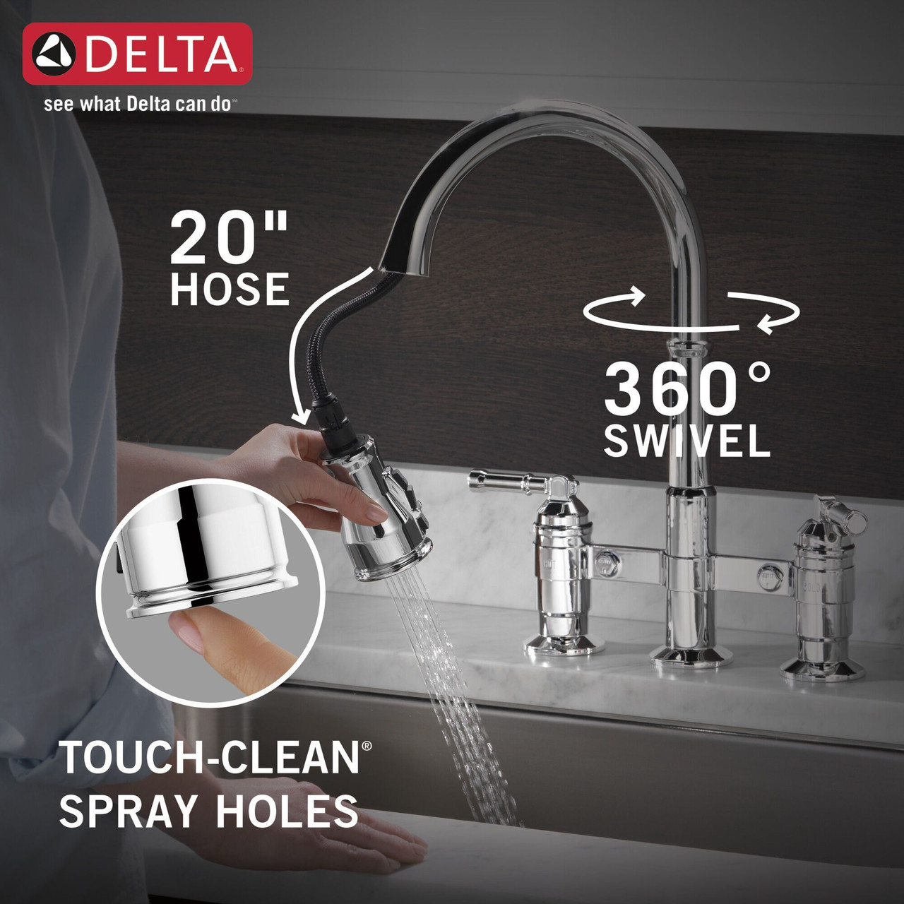 Delta 2390L-DST Broderick Two Handle Pull Down Bridge Kitchen Faucet, Chrome