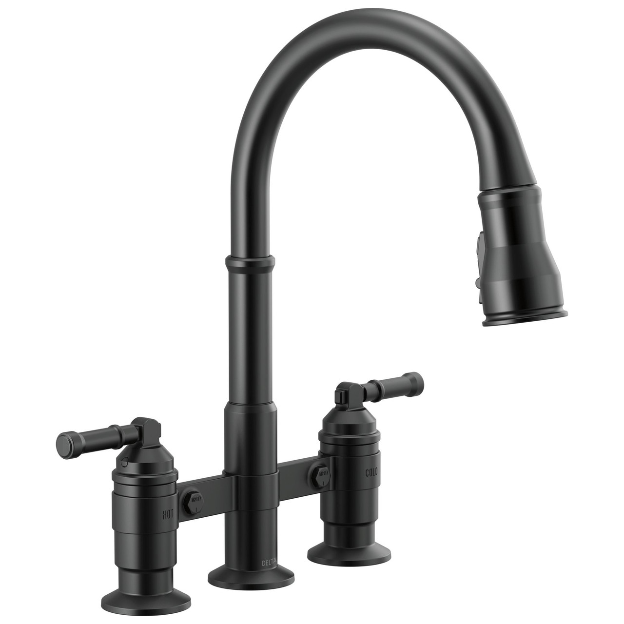 2390L-BL-DST Broderick Two Handle Pull Down Bridge Kitchen Faucet, Matte Black
