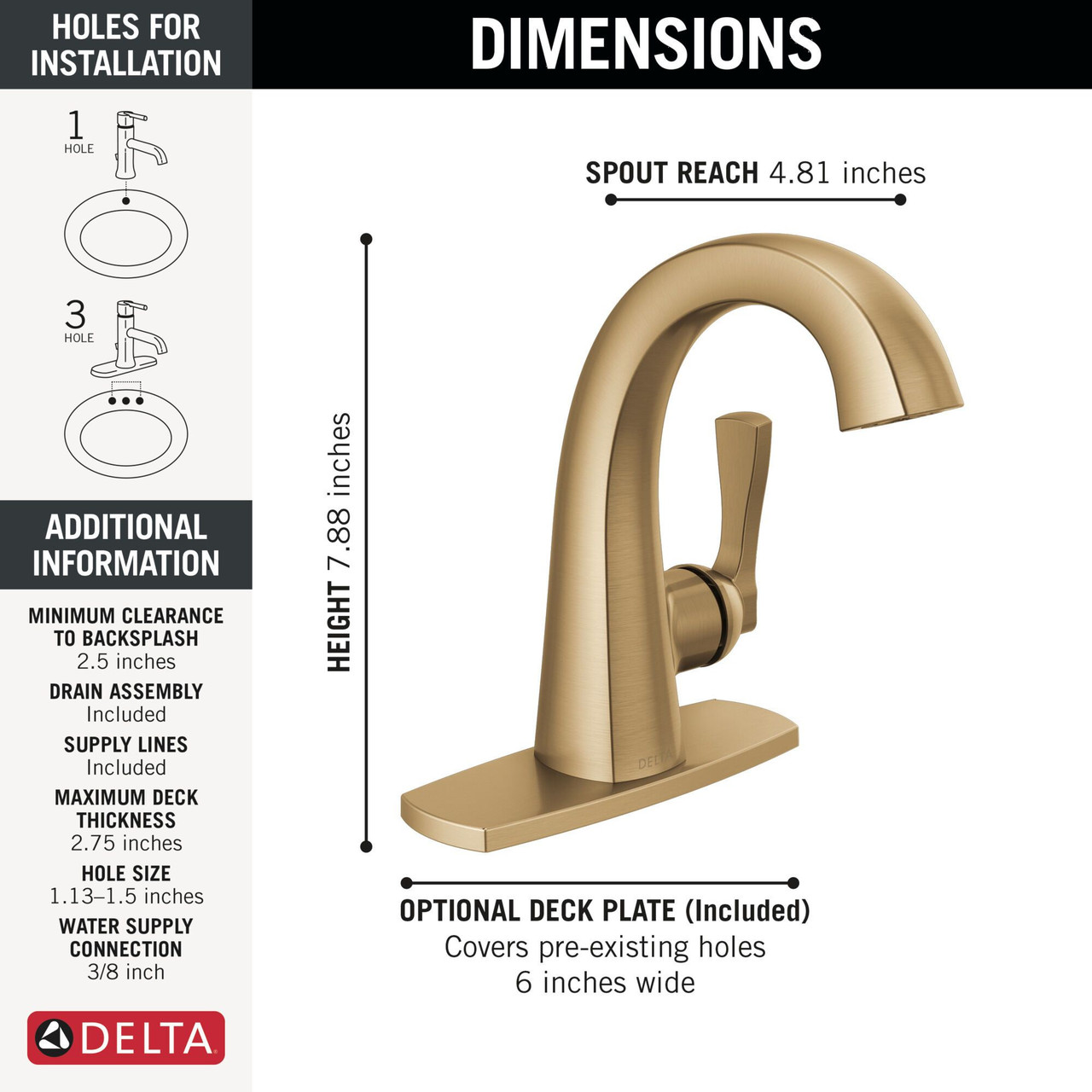 Delta 577-CZ-PR-MPU-DST Stryke 6.44-in x 6.00-in x 7.38-in Single Handle Bathroom Faucet, Lumicoat Champagne Bronze