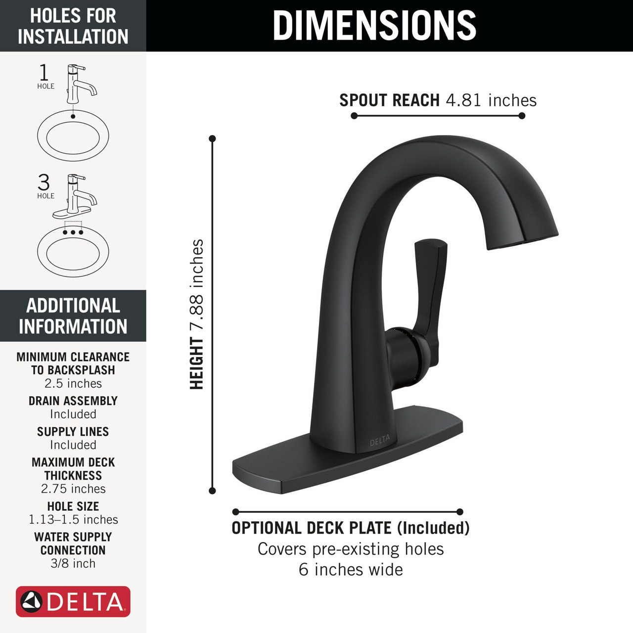 Delta 577-BLMPU-DST Stryke 6.44-in x 6.00-in x 7.38-in Single Handle Bathroom Faucet, Matte Black