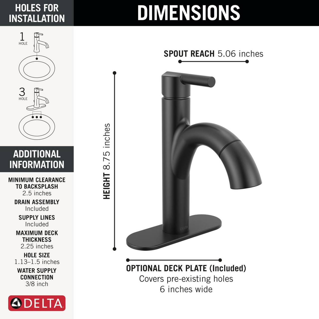 Delta 15749LF-BLPD Nicoli 6.81-in x 6.06-in x 8.75-in Single Handle Pull-Down Bathroom Faucet, Matte Black