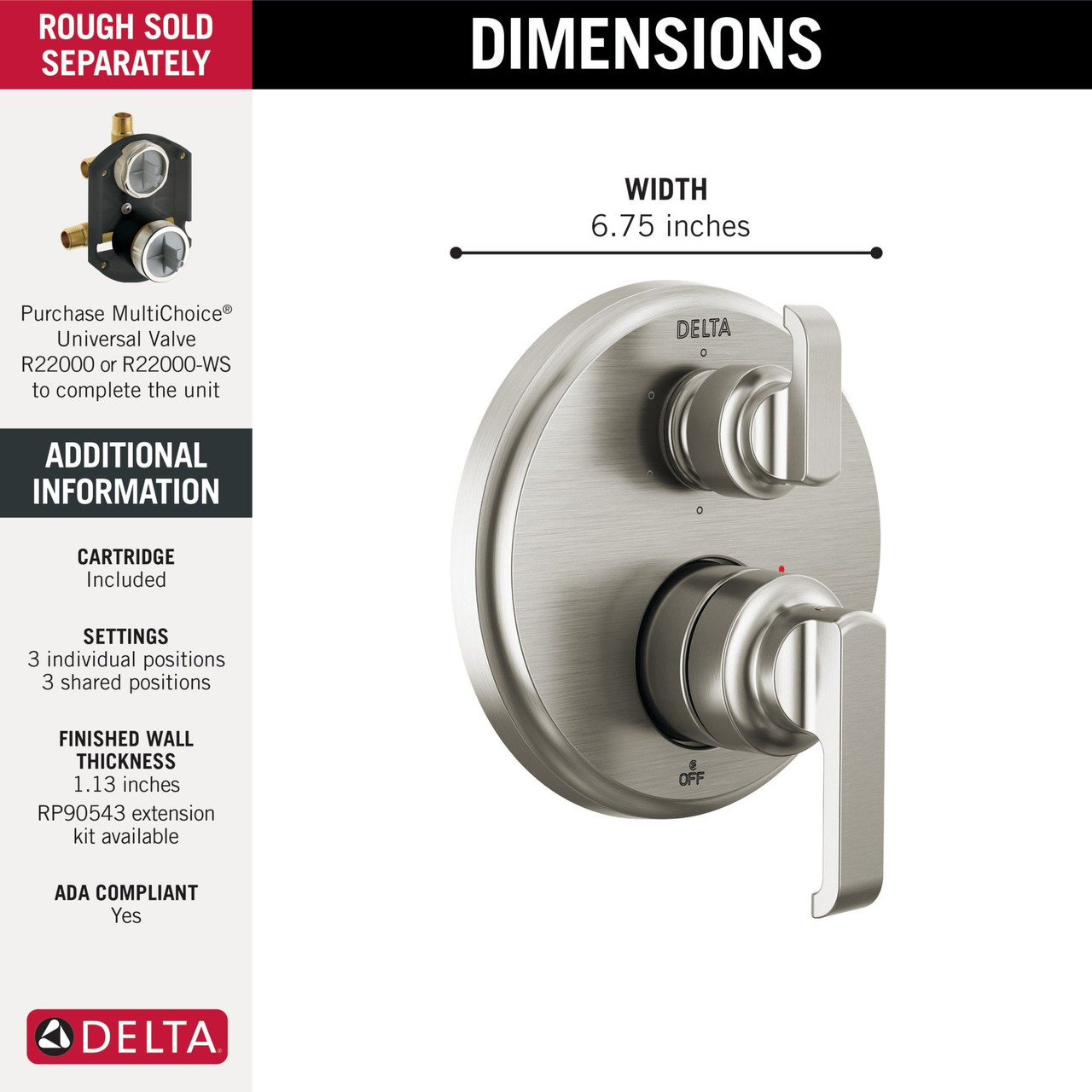 T24989-SS-PR Tetra 14 Series Integrated Diverter Trim with 6-Setting, Lumicoat Stainless