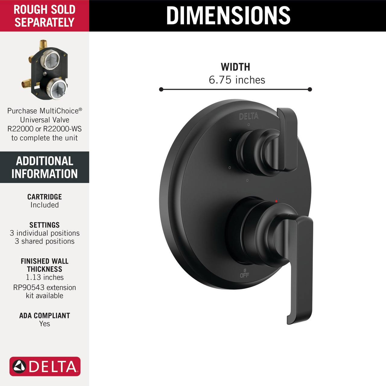 T24989-BL Tetra 14 Series Integrated Diverter Trim with 6-Setting, Matte Black