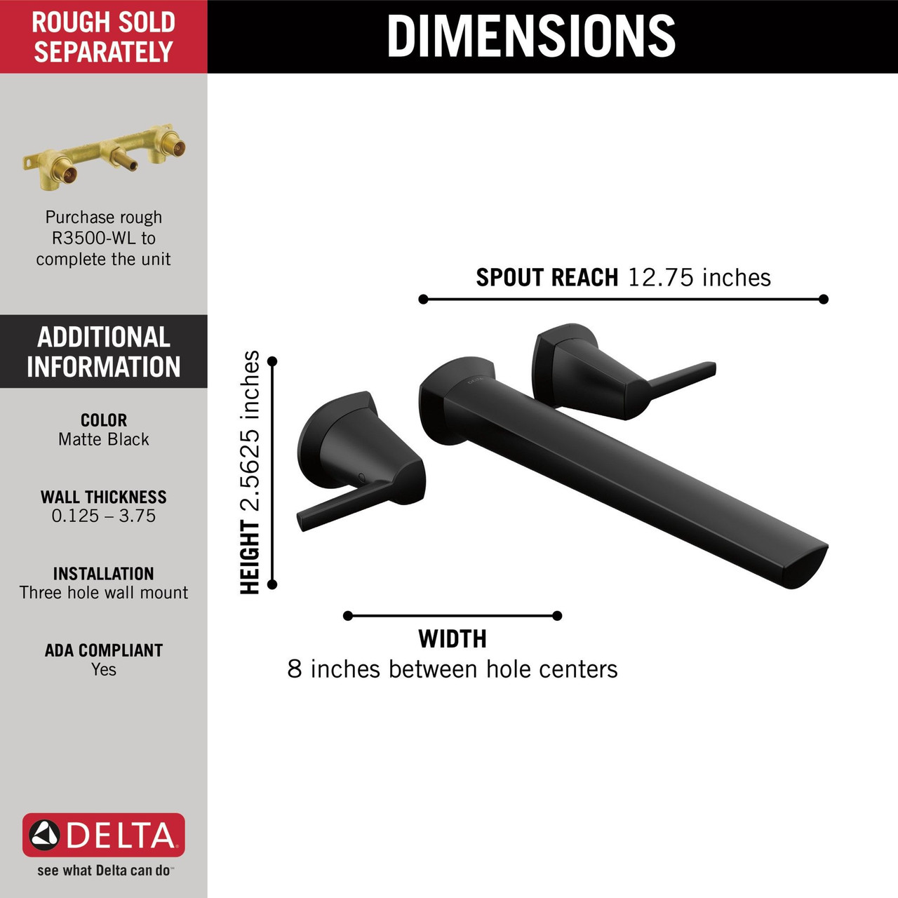 T5771-BLWL Galeon Delta Galeon Wall Mount Tub Filler, Matte Black