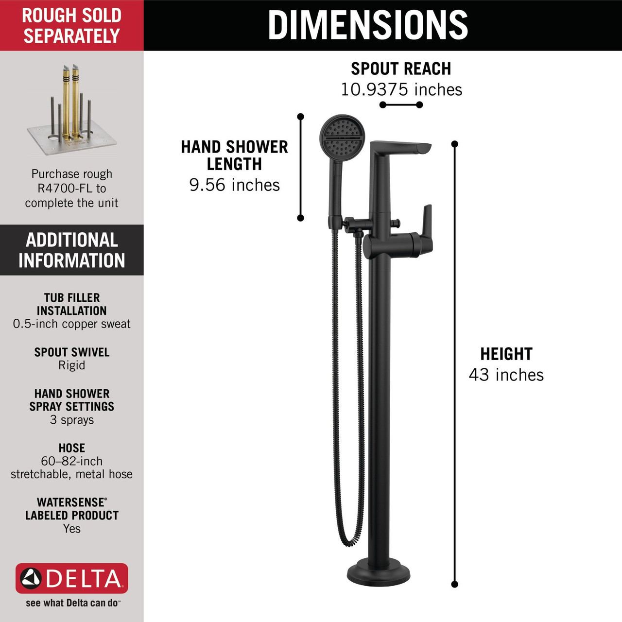 T4771-BLFL Galeon Delta Galeon Free Standing Tub Filler, Matte Black
