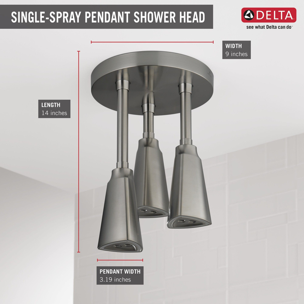 Delta 57140-SS25-L Universal Showering Components H2Okinetic Pendant Raincan Shower Head with LED Light, Stainless