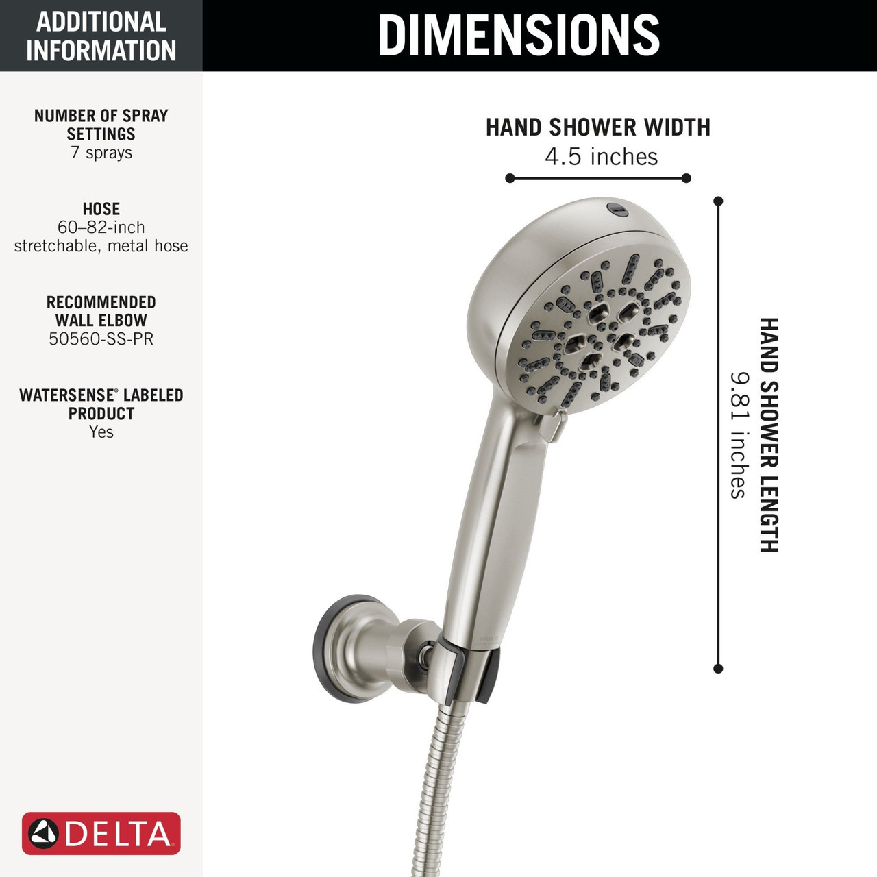 55884-SS-PR Universal Showering Components 7-Setting Wall Mount Hand Shower with Cleaning Spray, Lumicoat Stainless