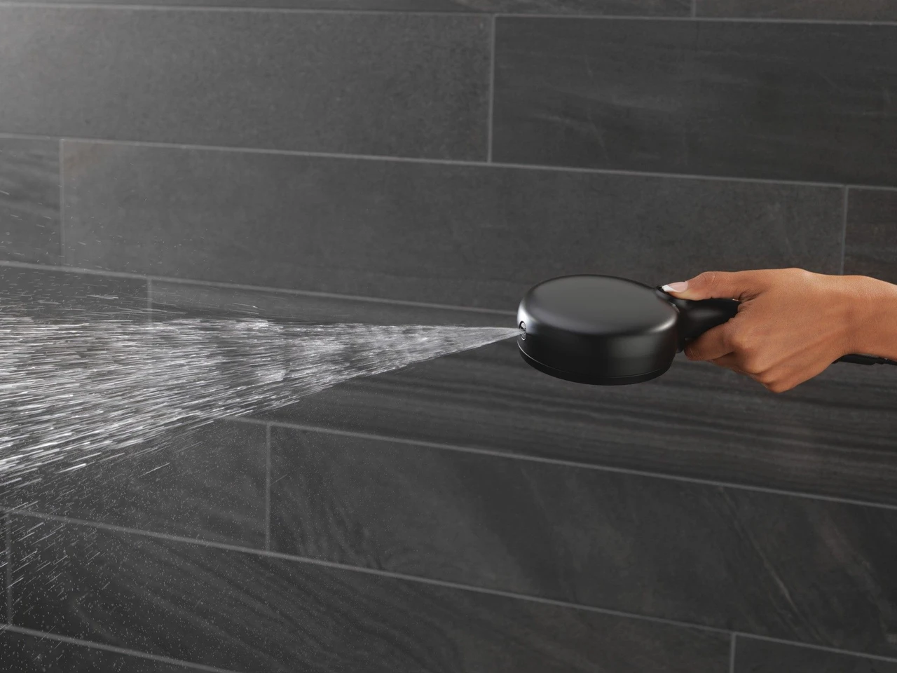 55884-BL Universal Showering Components 7-Setting Wall Mount Hand Shower with Cleaning Spray, Matte Black