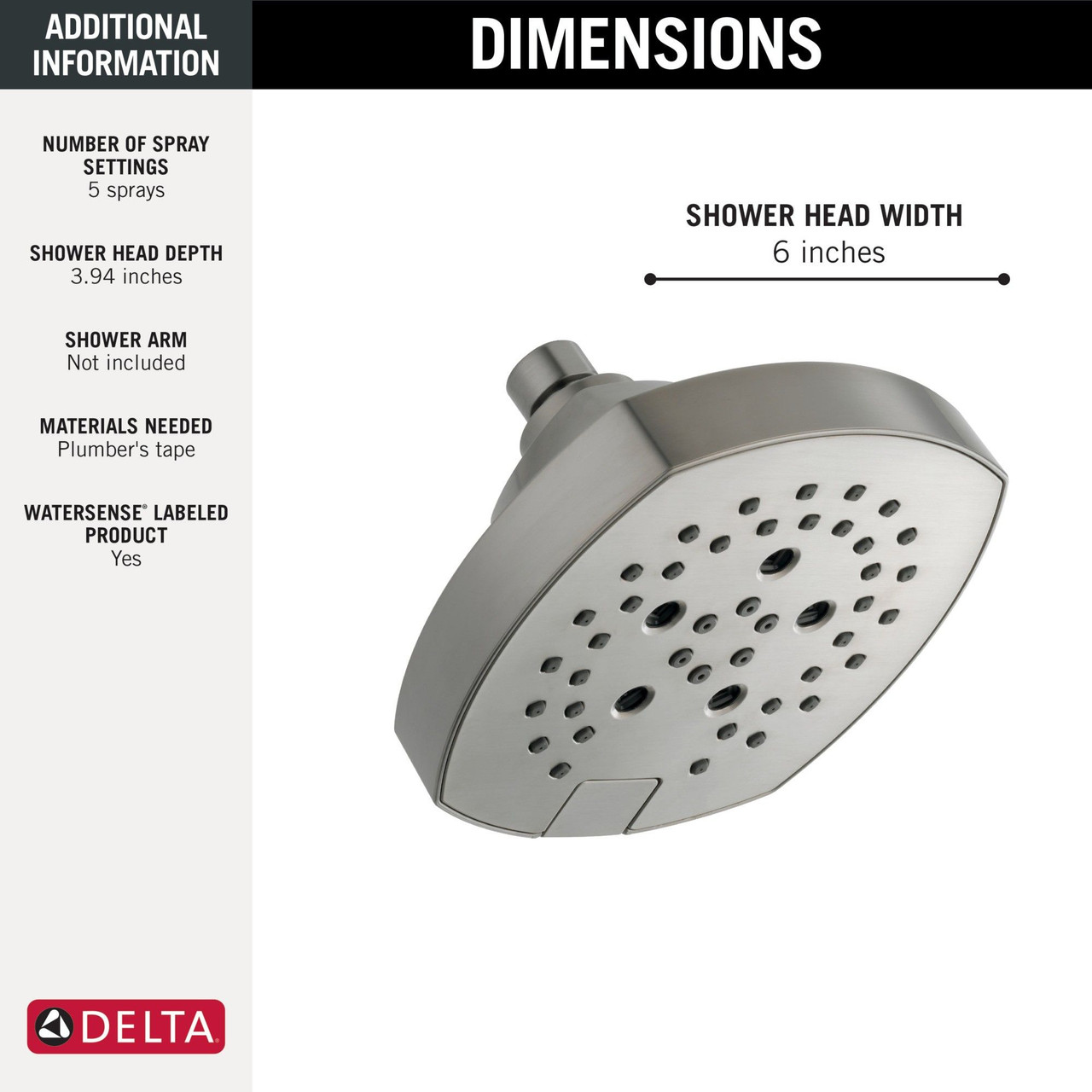 Delta 52663-SS Universal Showering Components 5-Setting H2Okinetic Shower Head, Stainless