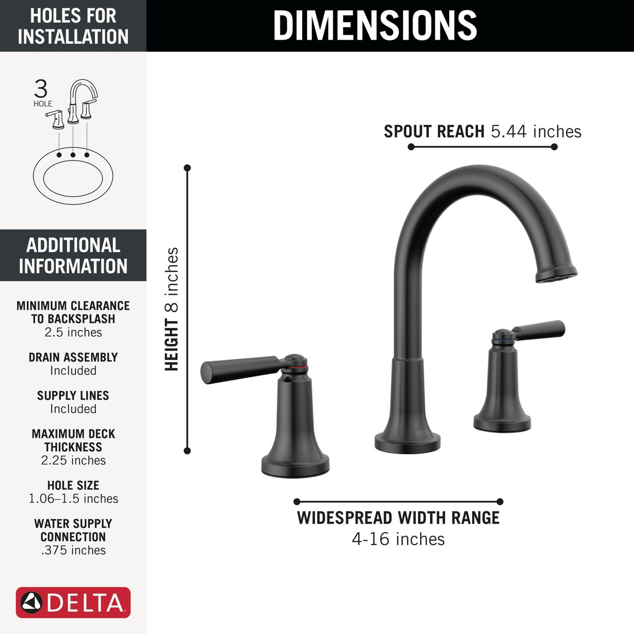 Delta 3535-BLMPU-DST SAYLOR Two Handle Widespread Bathroom Faucet, Matte Black
