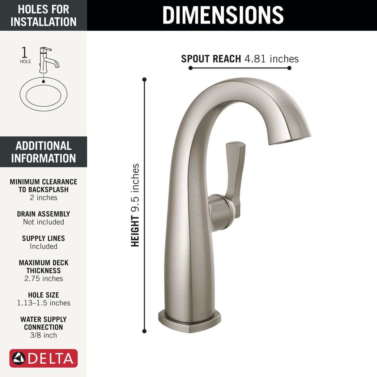 677-SS-PR-DST Stryke 6.63-in x 4.31-in x 9.50-in Single Handle Mid-Height Bathroom Faucet, Lumicoat Stainless