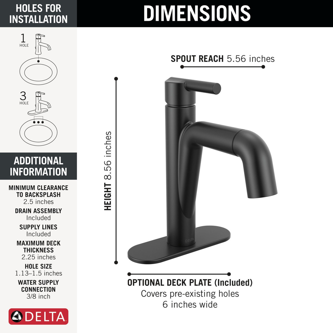Delta 15849LF-BLPD Nicoli 7.31-in x 6.06-in x 8.63-in Single Handle Pull-Donw Bathroom Faucet, Matte Black