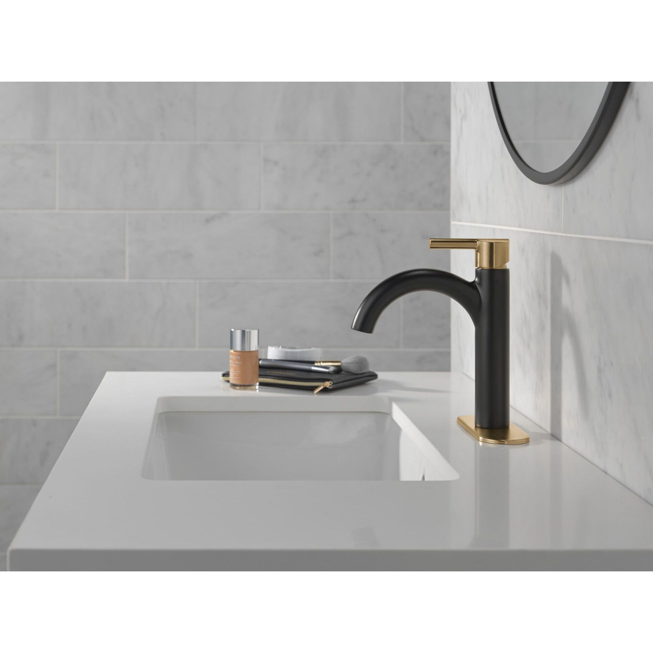 Delta 15749LF-GZ Nicoli 7.50-in x 6.00-in x 9.06-in Single Handle Bathroom Faucet, Matte Black and Champagne Bronze