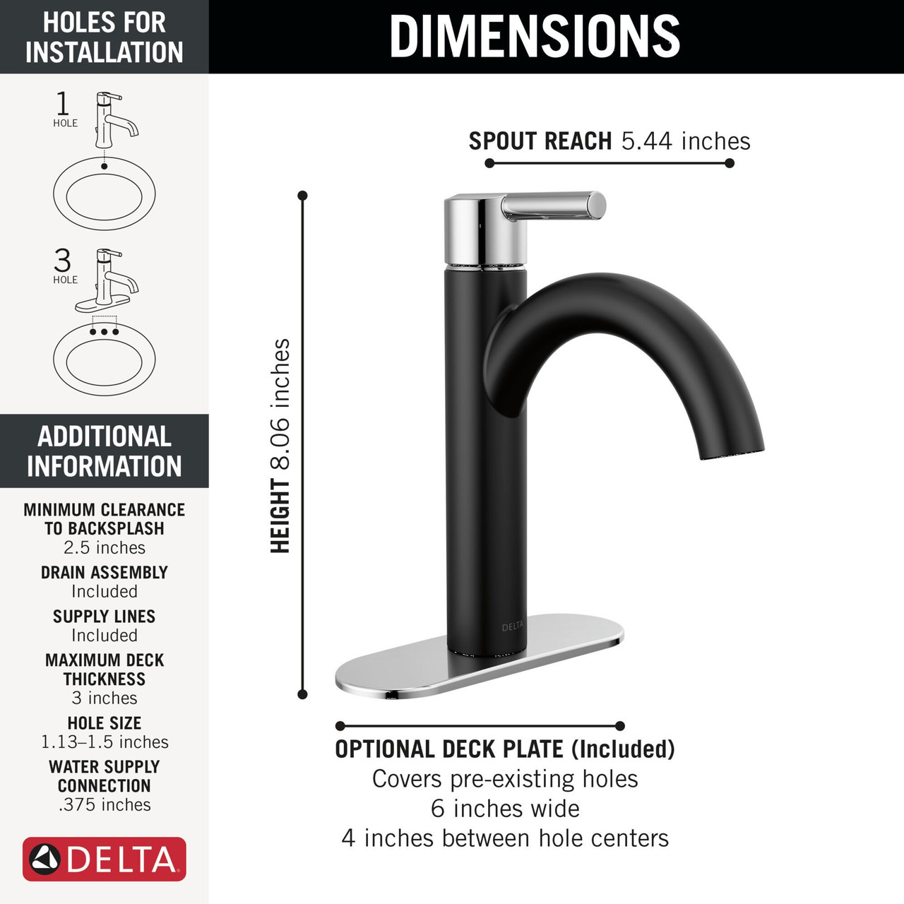 Delta 15749LF-CS Nicoli 7.50-in x 6.00-in x 9.06-in Single Handle Bathroom Faucet, Matte Black and Chrome