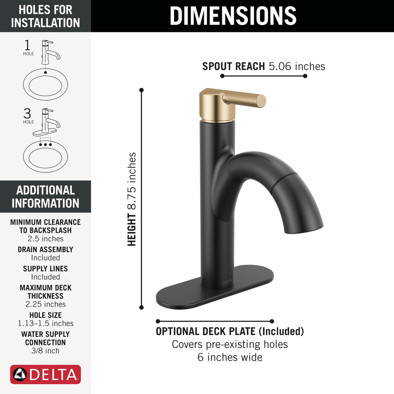 Delta 15749LF-GZPD Nicoli 6.81-in x 6.06-in x 8.75-in Single Handle Pull-Down Bathroom Faucet, Matte Black and Champagne Bronze