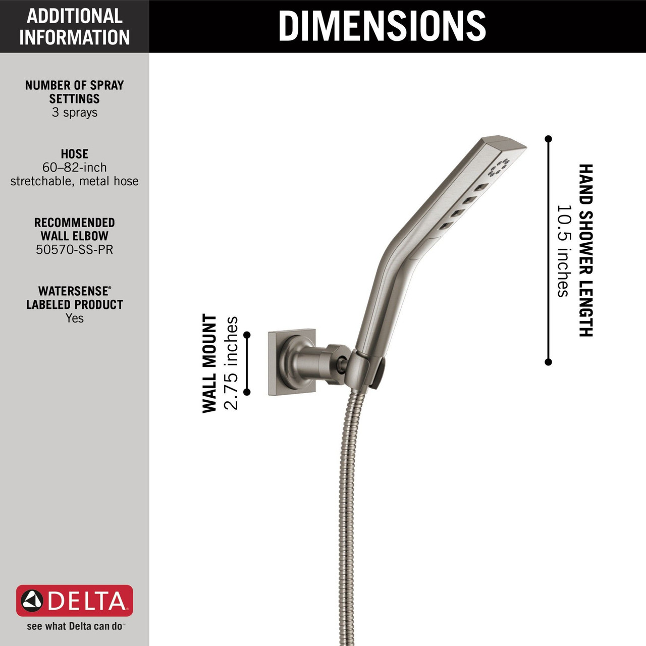 55799-SS-PR Universal Showering Components H2Okinetic 3-Setting Wall Mount Hand Shower, Lumicoat Stainless