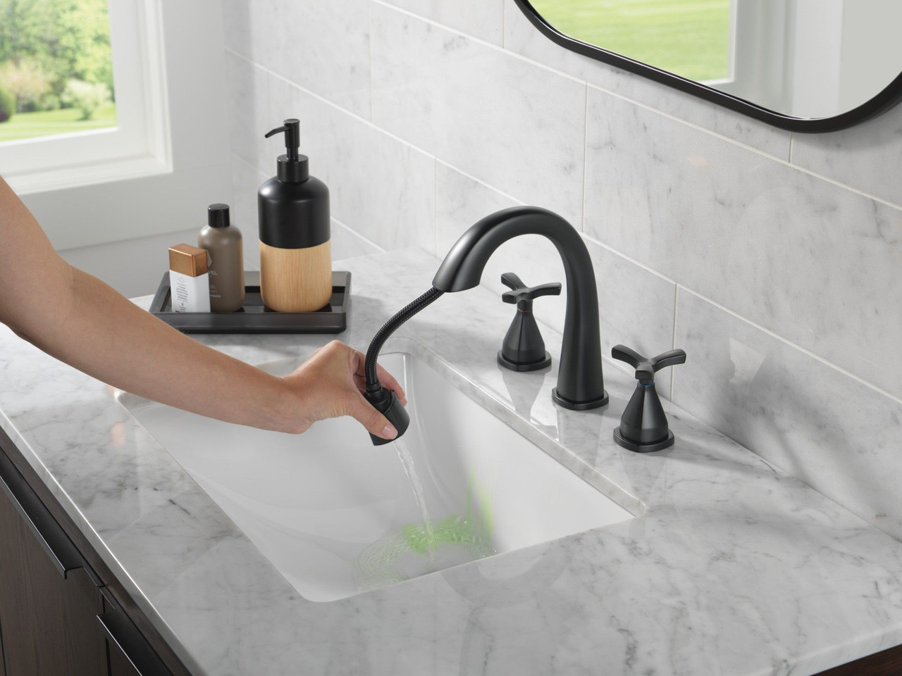 Delta 357756-BLPD-DST Stryke Two Handle Widespread Pull Down Bathroom Faucet, Matte Black