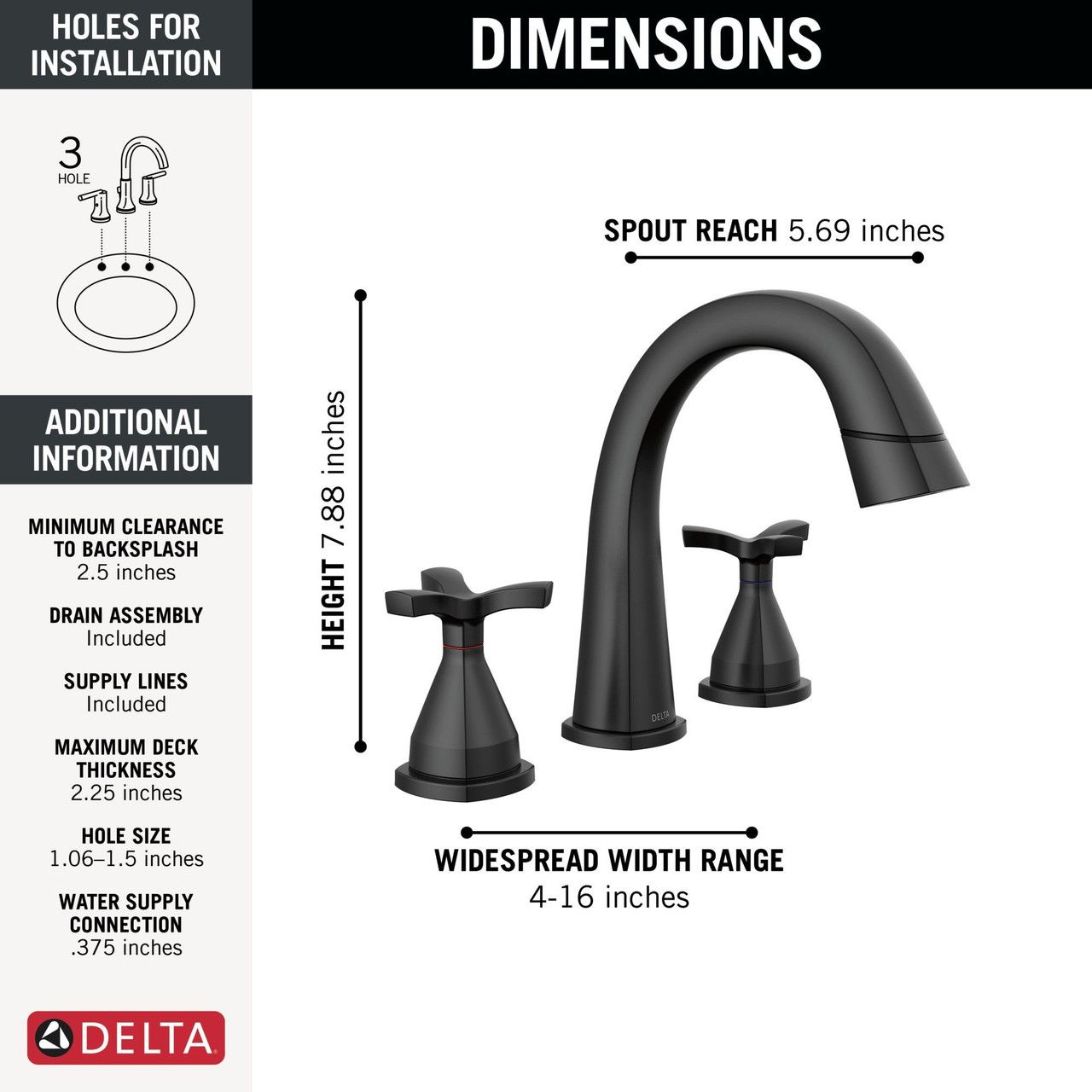 Delta 357756-BLPD-DST Stryke Two Handle Widespread Pull Down Bathroom Faucet, Matte Black
