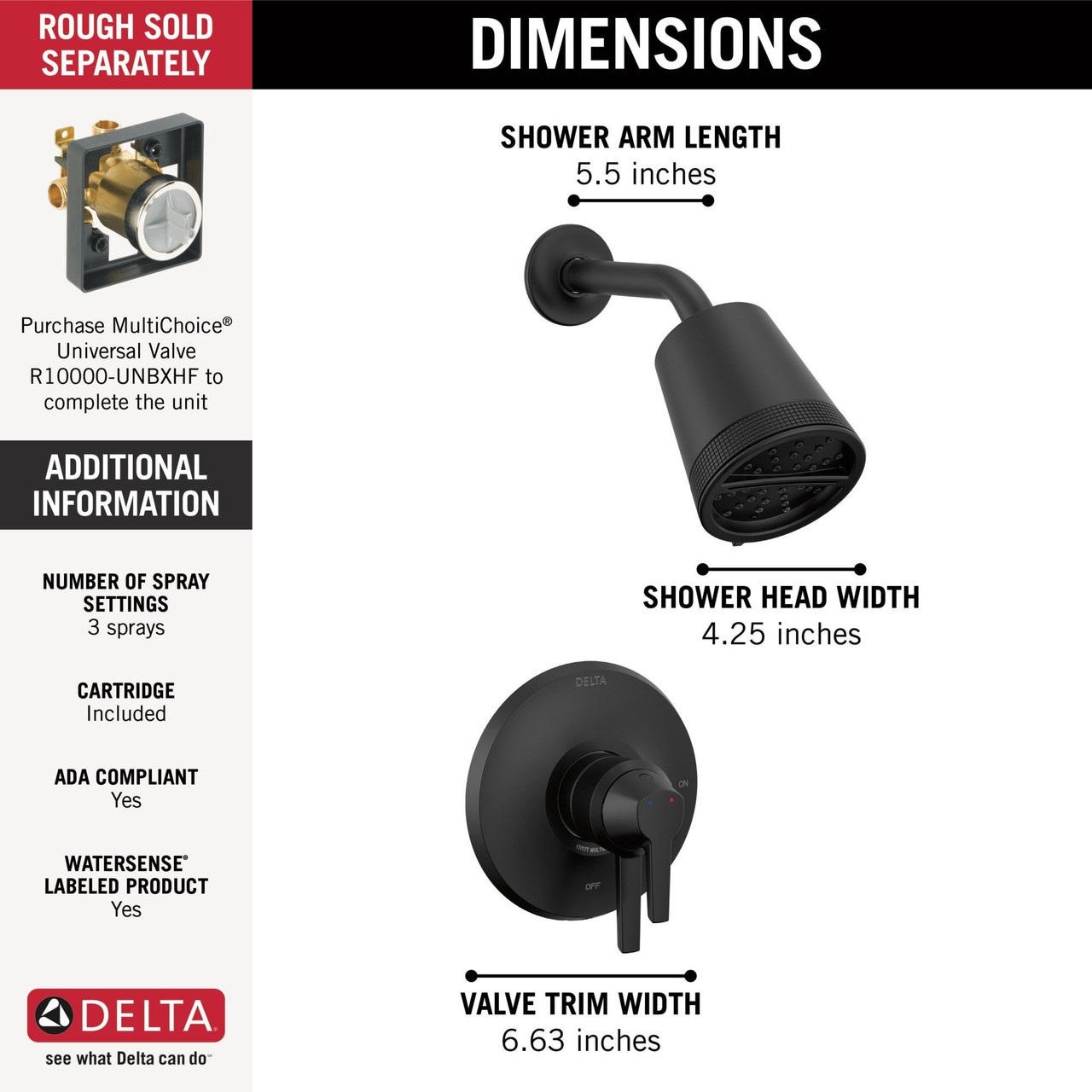 T17271-BL Galeon 17 Series Shower Trim with Cylinder SH, Matte Black