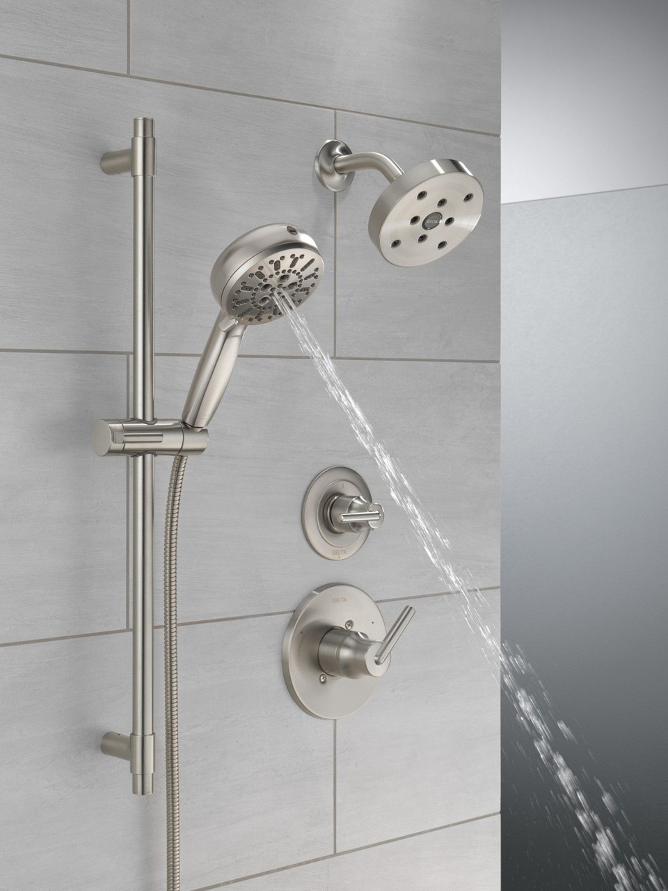 51584-SS-PR Universal Showering Components 7-Setting Slide Bar Hand Shower with Cleaning Spray, Lumicoat Stainless