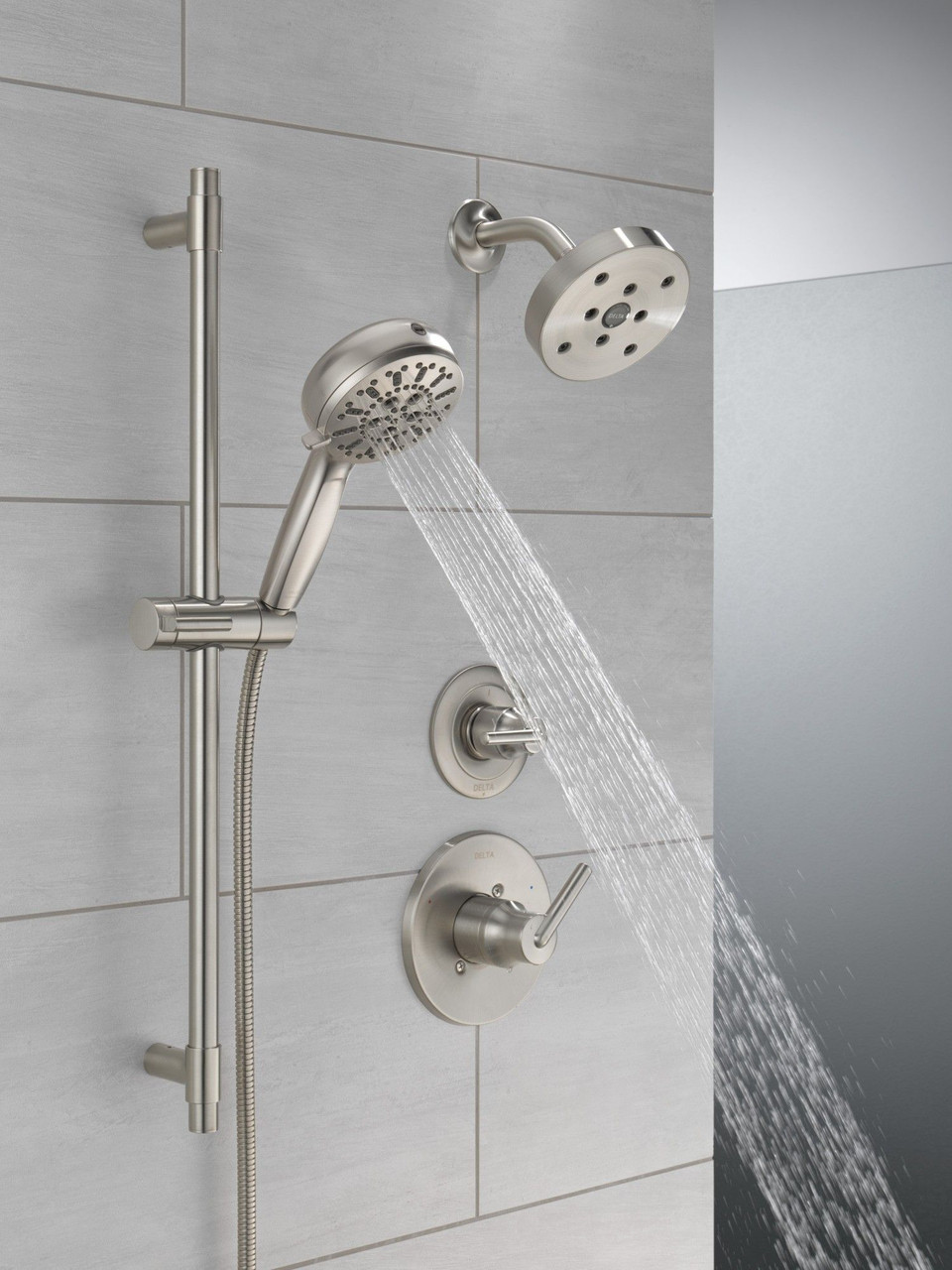 51584-SS-PR Universal Showering Components 7-Setting Slide Bar Hand Shower with Cleaning Spray, Lumicoat Stainless