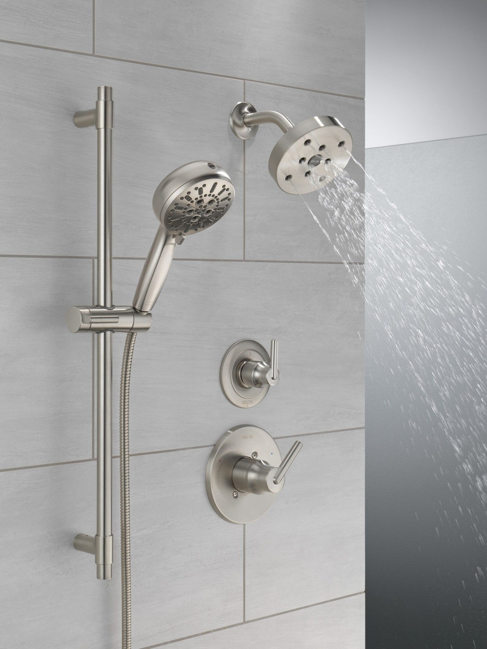 51584-SS-PR Universal Showering Components 7-Setting Slide Bar Hand Shower with Cleaning Spray, Lumicoat Stainless