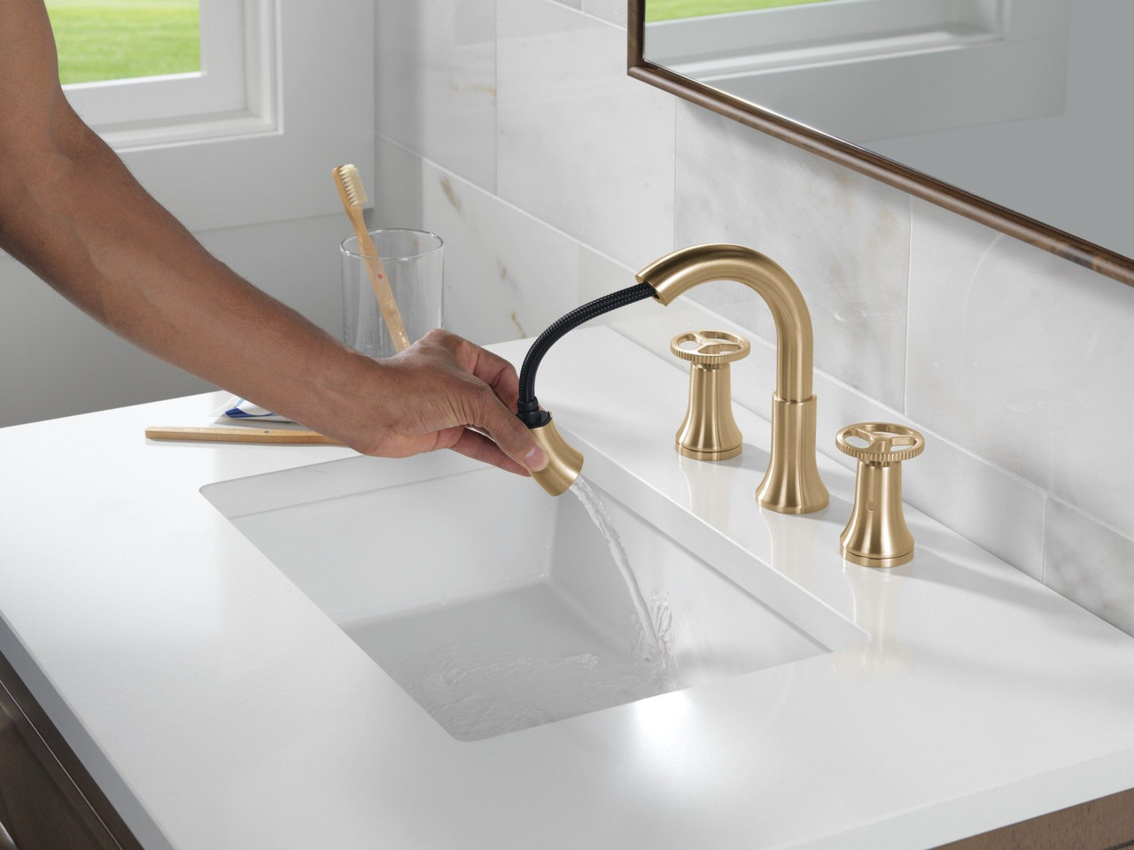 Delta 3558-CZPD-DST Trinsic Two Handle Widespread Pull Down Bathroom Faucet, Champagne Bronze