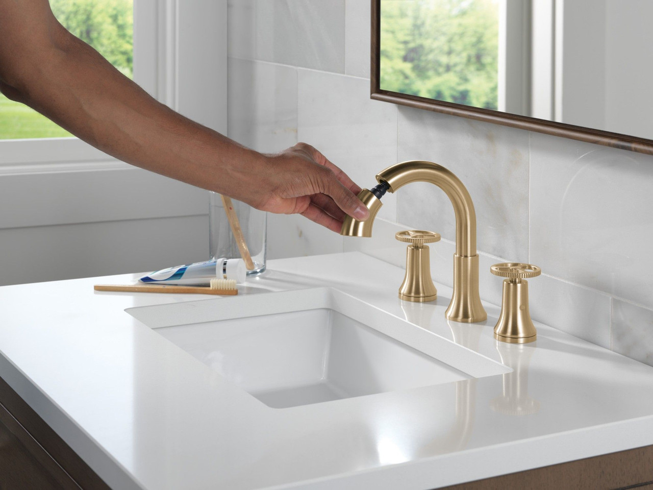 Delta 3558-CZPD-DST Trinsic Two Handle Widespread Pull Down Bathroom Faucet, Champagne Bronze