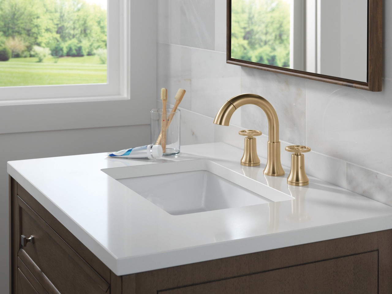 Delta 3558-CZPD-DST Trinsic Two Handle Widespread Pull Down Bathroom Faucet, Champagne Bronze
