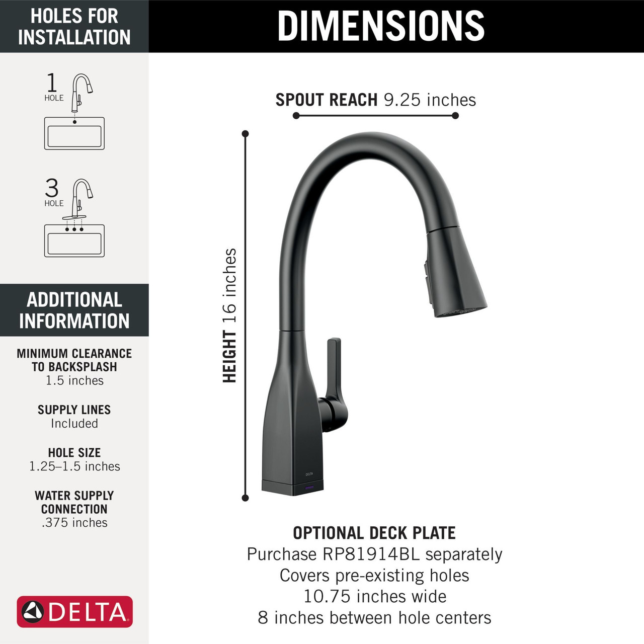 9183T-BL-DST Mateo Single Handle Pull Down Kitchen Faucet with Touch2O and ShieldSpray Technologies, Matte Black