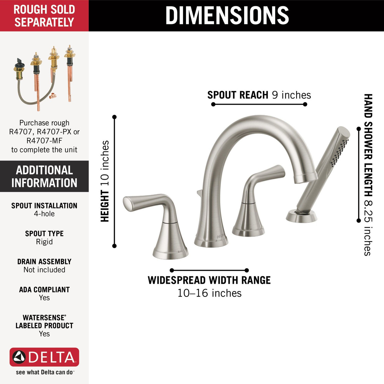 T4733-SS Kayra Delta Kayra Roman Tub Trim with Hand Shower, Stainless