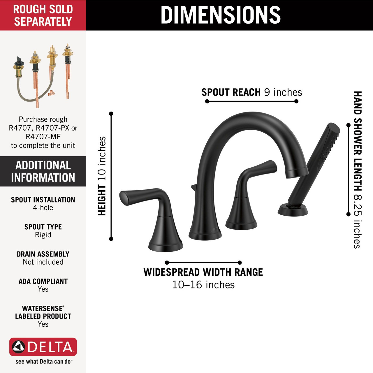 T4733-BL Kayra Delta Kayra Roman Tub Trim with Hand Shower, Matte Black