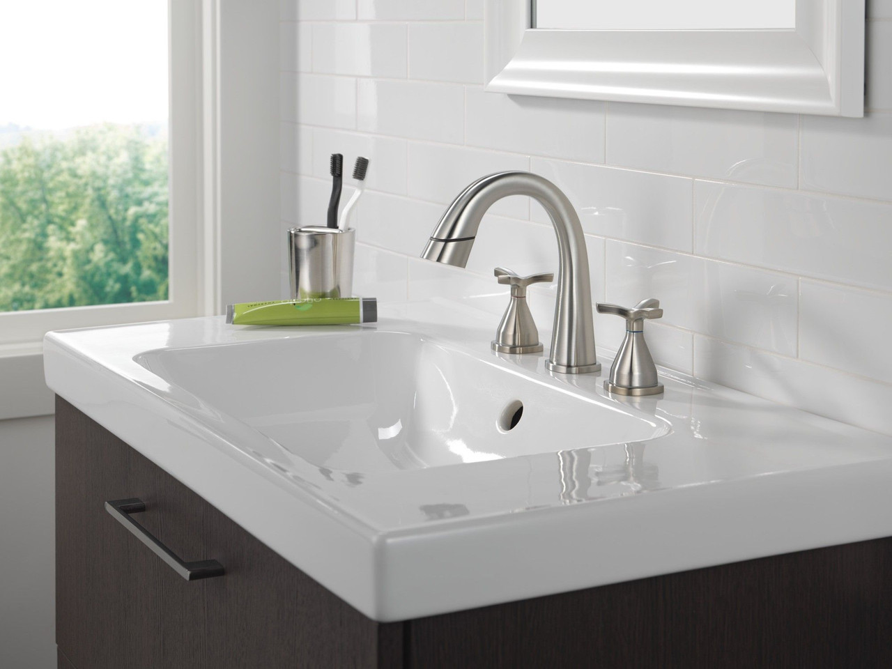 Delta 357756-SSPD-PR-DST Stryke Two Handle Widespread Pull Down Bathroom Faucet, Lumicoat Stainless