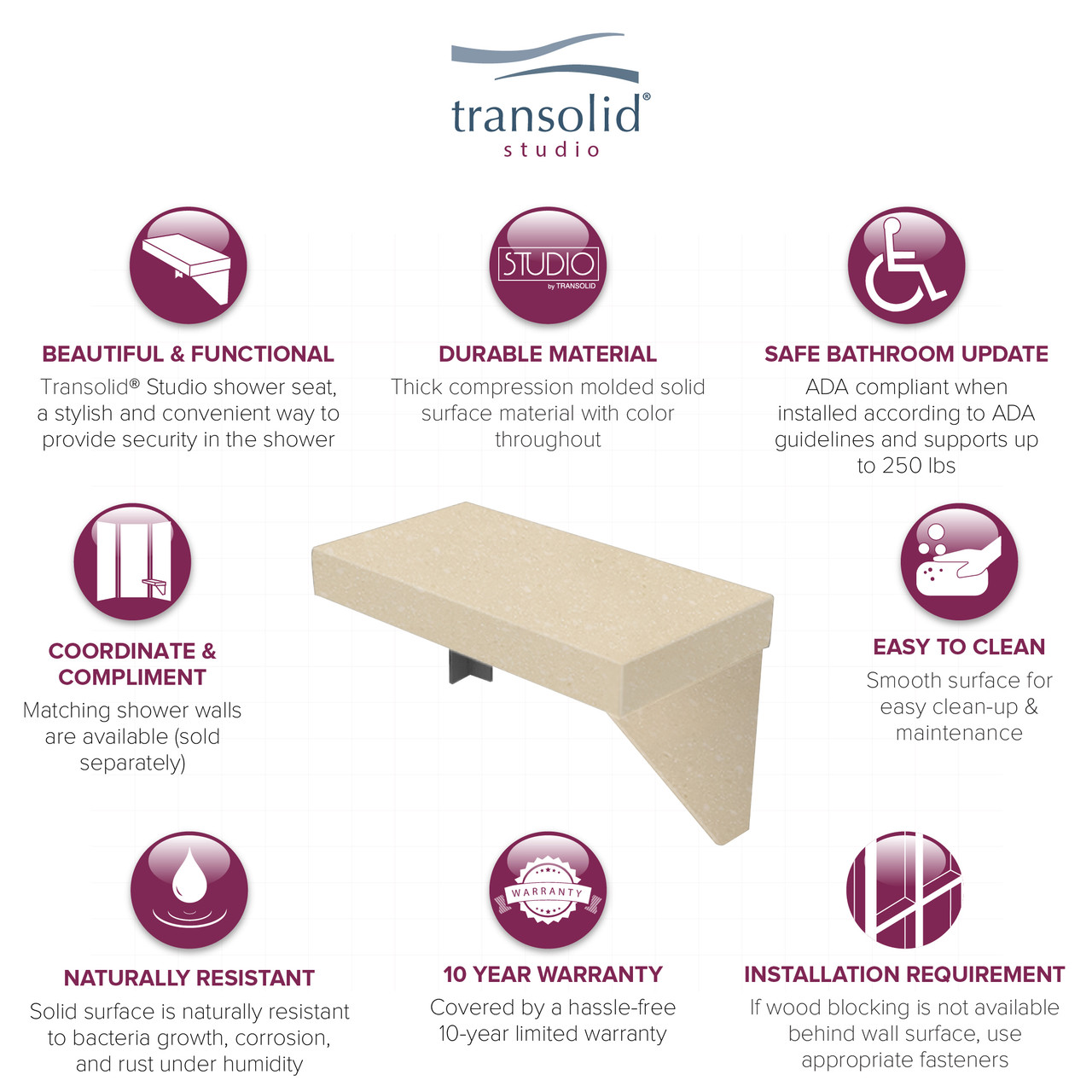 Transolid Studio Rectangular Shower Seat in Sea Shore