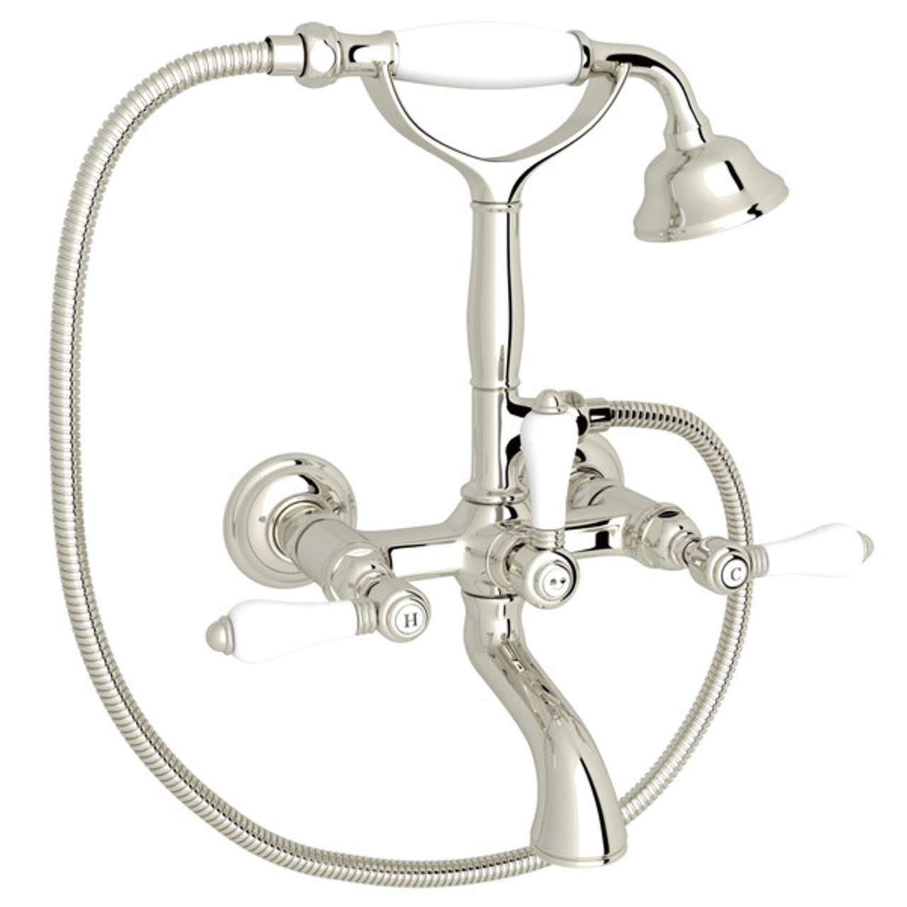 Rohl A1401LPPN Exposed Wall Mount Tub Filler with Handshower and White Porcelain Lever Handle, Polished Nickel