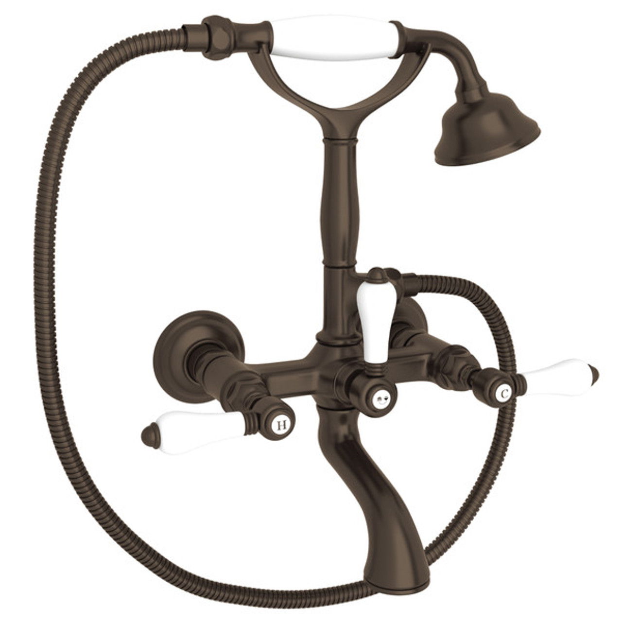 Rohl A1401LPTCB Exposed Wall Mount Tub Filler with Handshower and White Porcelain Lever Handle, Tuscan Brass