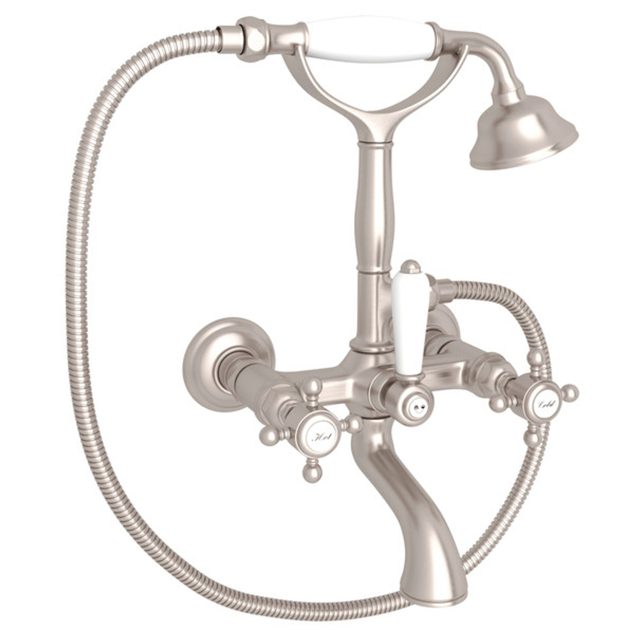 Rohl A1401XMSTN Exposed Wall Mount Tub Filler with Handshower and Cross Handle, Satin Nickel