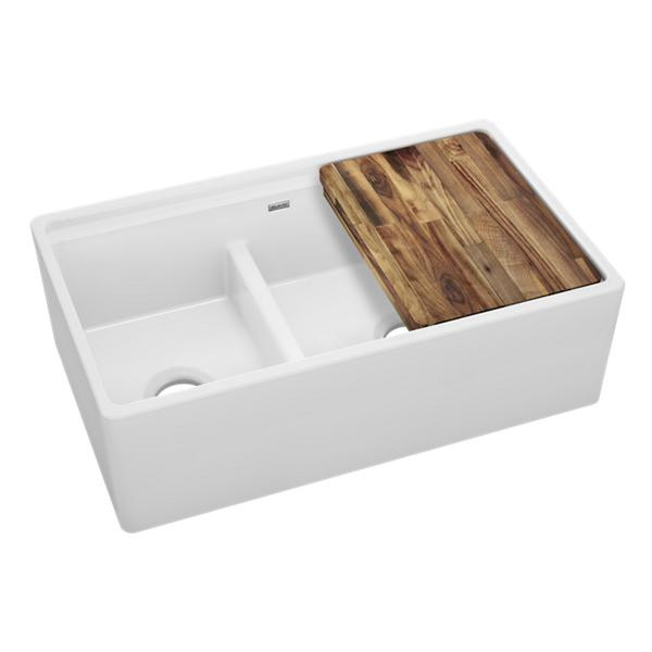 33" x 20" x 10-1/8" Fireclay 60/40 Double Bowl Farmhouse Kitchen Sink with Aqua Divide in White