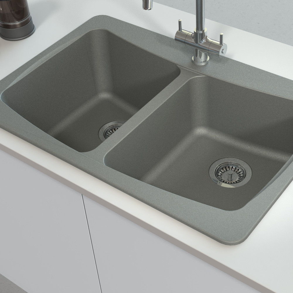 33" X 22" X 9" Equal Double Bowl Dual Mount Installation with 5 ABCDE Faucet Holes, In Grey