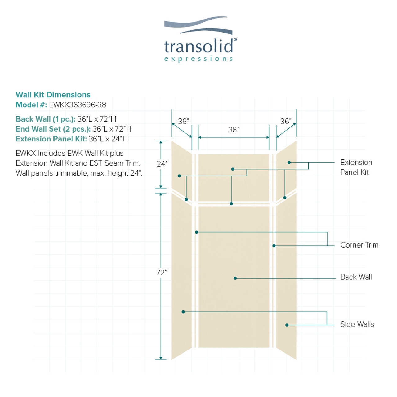 Transolid EWKX363696-38 Expressions 36" X 36" X 96" 6-Piece Shower Wall Kit with Extension Kit, In Bisque